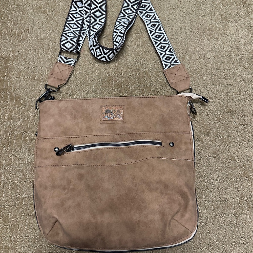 Tan Crossbody Bag with Patterned Strap